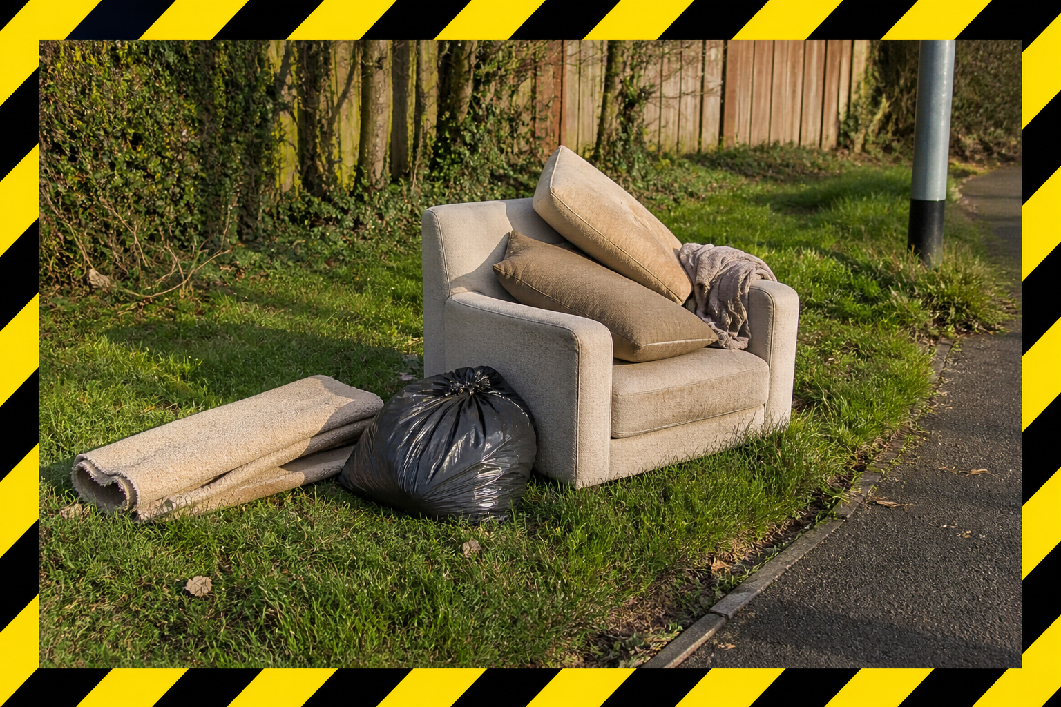 A sofa and other waste dumped on a green open space in a residential area.